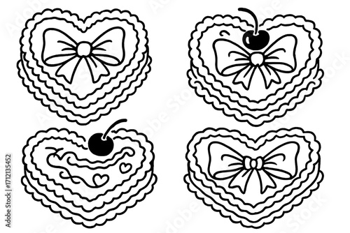Retro girly heart-shaped cakes in groovy coquette style with cherry and ribbon bows. Hand drawn linear doodle. Vector illustration for Valentine's, wedding, birthday dessert.