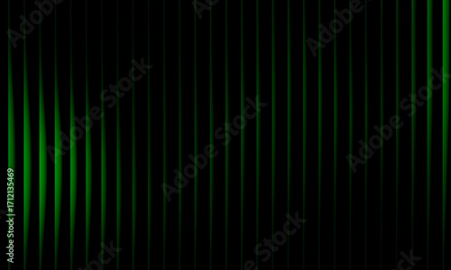 Vibrant Green Glow Waves: An Abstract Digital Artwork Featuring Symmetrical Vertical Light Patterns in Luminous Green Against a Deep Black Background, Evoking a Sense of Energy, Rhythm, and Motion – A
