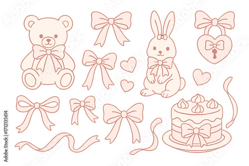 Cute vintage pastel pink teddy bear, bunny, heart lock, cake, and elegant coquette bows and ribbons set, hand-drawn line art vector illustration, girly scrapbook clipart collection