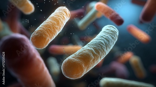 Colorful bacteria cells interacting in a microscopic view under dark surroundings and illuminated by blue light