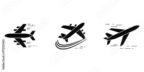 Three black and white airplane icons representing flight and travel