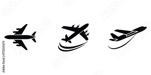 Collection of sleek, modern airplane icons depicting air travel, aviation, and rapid transport, ideal for digital interfaces, journey planning, and global logistics presentations