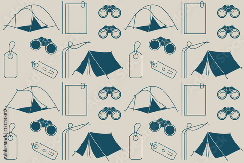 A seamless pattern featuring camping equipment such as tents binoculars and other outdoor accessories design