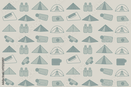 Repeated pattern featuring camping equipment such as tents bottles and sleeping bags in light colors