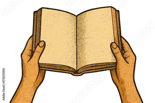 Two female hands holding open book vintage style with grunge halftone texture, isolated on yellow background, World Book Day concept, reading education vector cutout