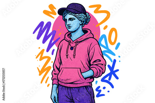 Urban street style vaporwave female Greek statue in halftone with graffiti, abstract shapes, and typo print. Trendy pop art graphic sculpture vector concept, modern culture art