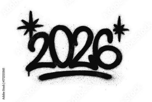 Urban graffiti art 2026 spray paint style, New Year celebration street art, black grunge sprayed number, trendy vector illustration with transparent background, street culture design