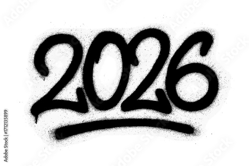 Urban graffiti number 2026 spray paint style for happy New Year celebration, grunge sprayed vector illustration, black street art design with transparent background