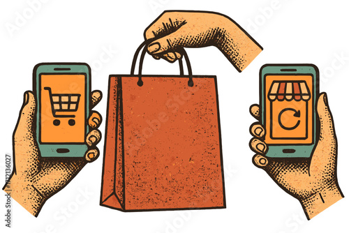 Vintage style collage of online shopping concept with halftone hands holding smartphones, 90s retro mixed media, big sale shopping bag, ecommerce and mobile purchase illustration