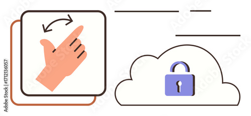 Hand swipe gesture symbolizing interaction paired with a secured cloud featuring a lock. Ideal for technology, security, data protection, user interface, online safety, cloud storage, simple flat