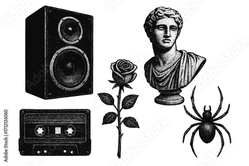 Vintage Y2K retro elements set with grunge aesthetic, including loudspeaker, antique statue bust, cassette tape, blooming rose, and spider illustration with textured grain effect