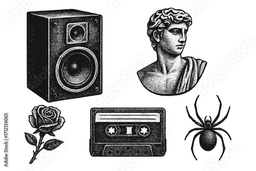 Vintage Y2K grunge set of cool elements with retro negative photocopy effect, including loudspeaker, antique statue bust, cassette tape, rose flower, spider illustration with grainy texture