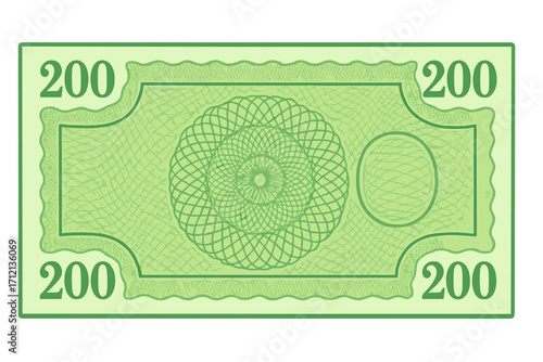 Green banknote voucher template with 200 denomination, intricate guilloche pattern, watermarks, decorative border, currency design, money, coupon, diploma background