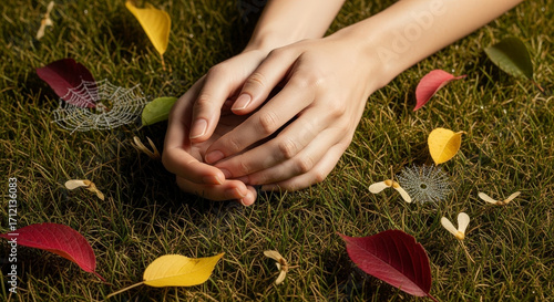 Close Up of Hands on Grass Surrounded by Fallen Leaves with Natural Sunlight and Moisture Droplets on Skin in an Outdoor Setting