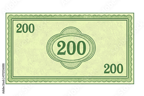 Vintage 200 Banknote Voucher Template with Green Guilloche Pattern, Secure Watermarks, Decorative Border for Currency, Coupon, Diploma, Money Design, Financial Document