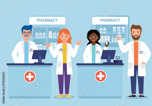 Many pharmacists are manning the drug stores, vector illustration
