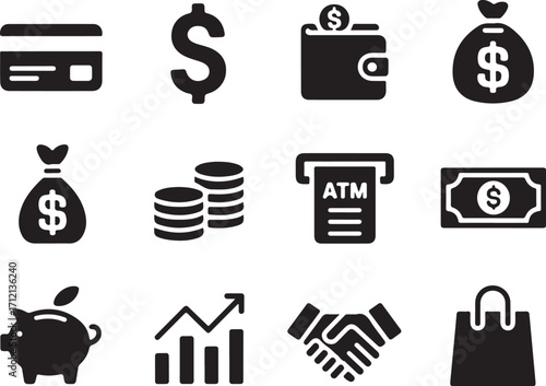 Finance icons: money, credit card, piggy bank, ATM, handshake