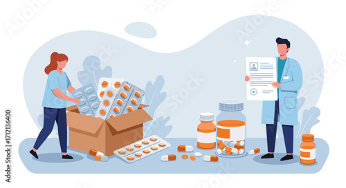 Illustration of pharmacist with medicine and certificate, vector illustration