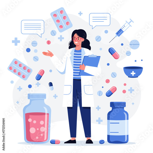 Vector illustration of a female pharmacist and medicine