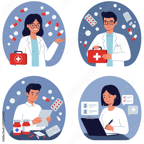 Various activities of a pharmacist, vector illustration