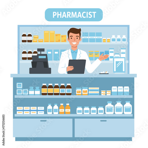A pharmacist is tending to his drugstore, vector illustration design
