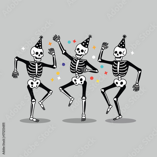 Spooky Handdrawn Dancing Skeleton Celebration with Party Hats Illustration