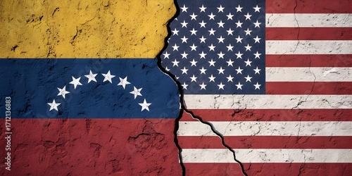 Cracked Wall Dividing Venezuela and USA Flags 