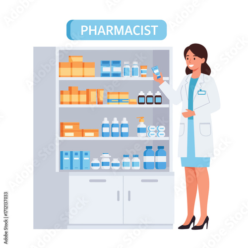A pharmacist is selecting medication for a patient, vector illustration design