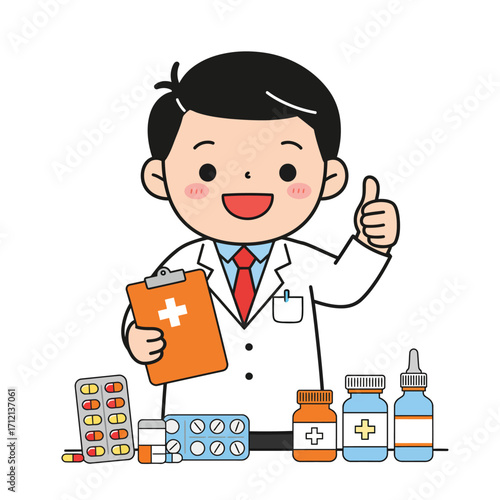 A pharmacist holding a doctor's prescription, vector illustration