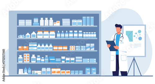 A pharmacist is checking the stock of medicines in his store