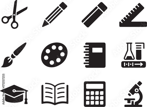School supplies icons for learning and creativity