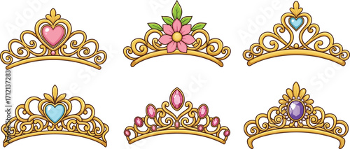 Cartoon princess tiaras, gold crowns with gemstones, cute floral and heart designs, fantasy royal accessories for girls and fairytales.