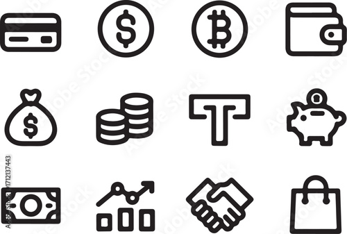 Finance icons for digital currency, savings, and transactions