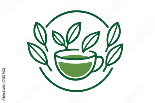 Green tea cup logo with leaves in circle. Natural organic bio drink. Healthy vegan food symbol. Herbal beverage, matcha line art. Vector icon for elegant sticker, round frame.