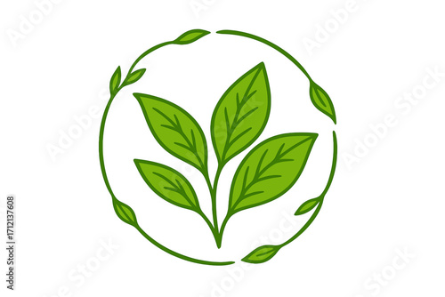 Green tea leaves in circular frame. Natural organic plant-based eco friendly symbol. Herbal vegan drink for healthy lifestyle. Botanical line art logo concept for bio product.