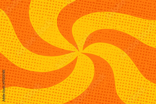 Retro pop art background with psychedelic swirl. Yellow and orange groovy halftone pattern. Abstract comic style vector illustration with sunburst effect and dots texture.