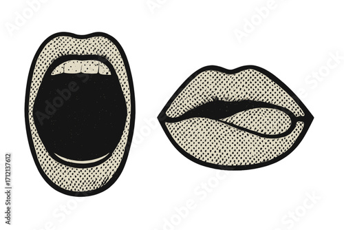 Female lips in halftone dot style for collage. Open scream mouth and sexy lips with tongue. Vintage pop art vector illustration for graphic design. Retro comic book element.