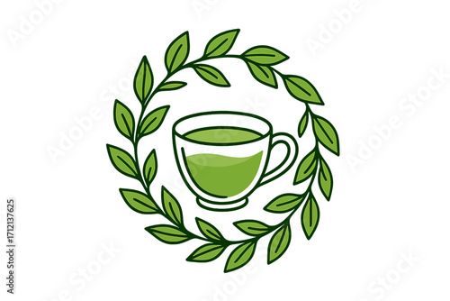 Green tea or matcha cup logo. Line art icon with leaf wreath. Organic vegan herbal drink. Bio fresh nature symbol. Healthy food beverage elegant sticker. Graphic vector.