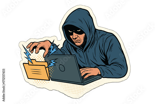 Hacker in a dark hoodie stealing confidential data from a laptop computer folder. Cyber attack, internet crime, phishing, and online fraud concept. Torn paper sticker vector.