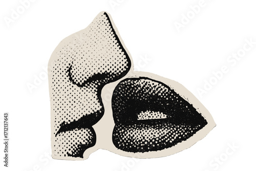 Halftone mouth and nose in side view. Collage design element of lips in trendy magazine style. Vector illustration with vintage grunge punk pop art cutout element. Retro comic.
