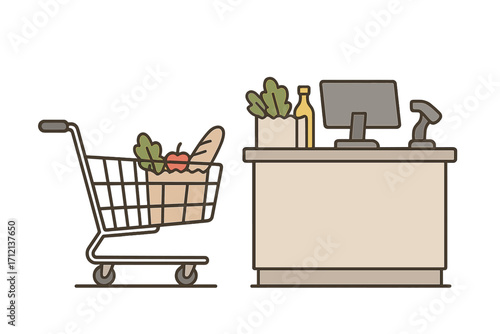 Supermarket checkout counter with shopping cart full of groceries. Retail store payment area with POS terminal and scanner. Concept of commerce, buying food and consumerism.