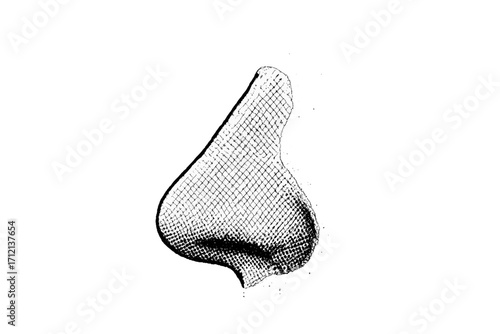 Human nose side view in retro halftone dotted style. Vector anatomy illustration for futurism design, collage or fanzine art. Abstract sense of smell concept graphic.