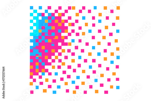 Pixel dithering effect background. Abstract square tiles pattern dissolving into particles. Vintage 8-bit computer game art style. Retro bitmap texture with vibrant neon colors. Vector.