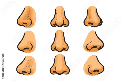Human nose set vector illustration in retro 90s halftone cartoon style. Anatomy collection of body parts. Front and side view profile for character design. Olfaction, smell sense concept.