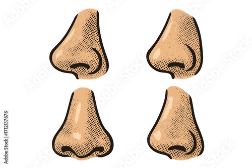 Human nose vector illustration set. Collection of different cartoon noses in profile and front view. Retro 90s comic style with halftone dots. Anatomy body part graphic.