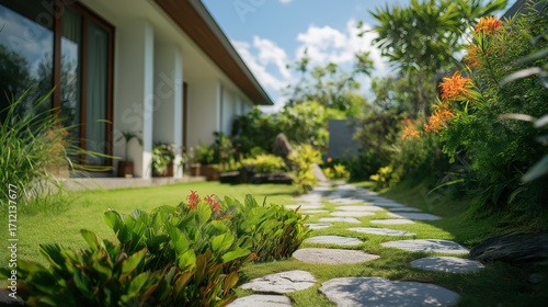 House garden with rock pathway.