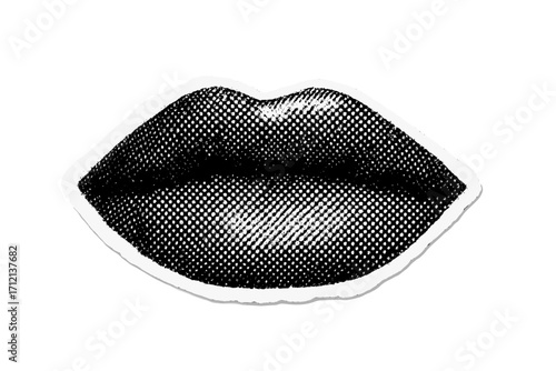 Halftone mouth collage element. Isolated lips in trendy punk magazine style. Vintage grunge cutout for pop art design. Vector illustration of a black and white smile.