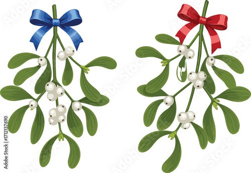 Christmas mistletoe illustration, festive decoration with red bow and blue bow, holiday plant, winter greenery, seasonal tradition, celebration ornament