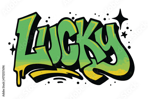 Lucky word in urban graffiti typography. Y2K street art style illustration with grunge texture. Vector design for t-shirt print, poster, and apparel. Retro 2000s lettering.