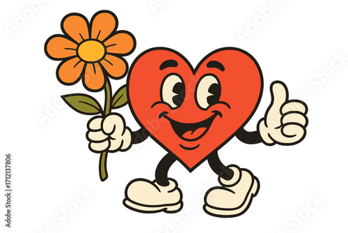 Retro groovy heart character with a flower. Happy cartoon mascot in traditional 70s toon style giving a thumbs up. Nostalgic comic vector for Valentine's day card or print.